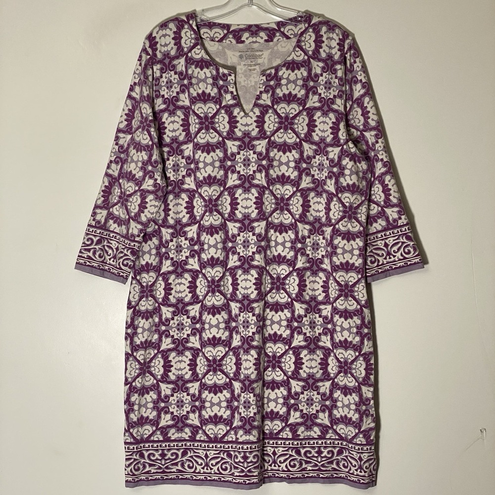 Coolibar Oceanside Tunic Dress Womens XL Purple Floral UPF 50+ Resortwear Cruise